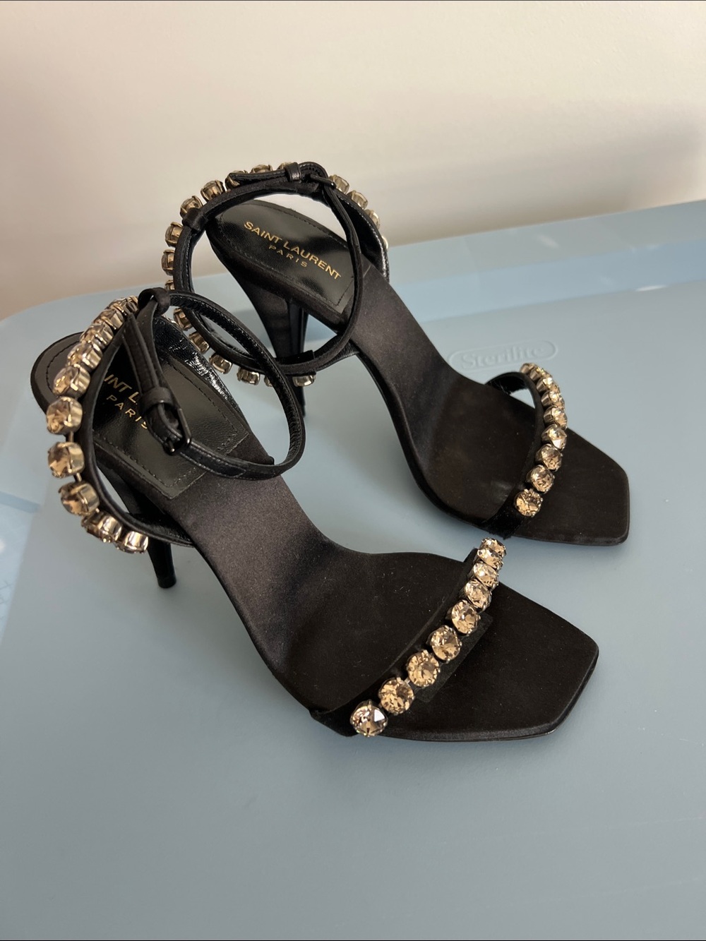 Saint Laurent Paris black and crystal embellished open toe sandals strappy heels - Picture 2 of 12